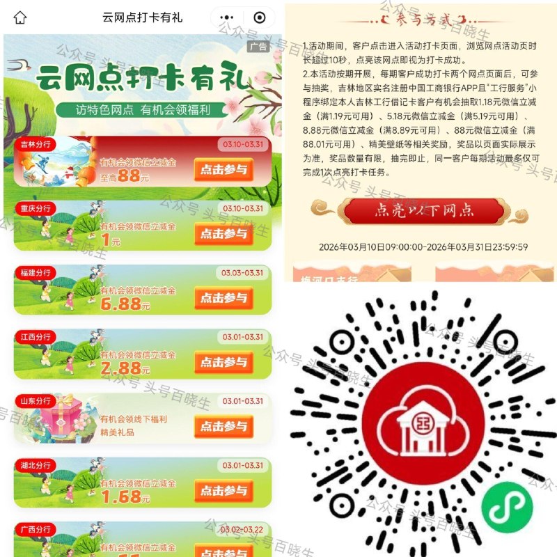 【工.行云网点浏览打卡领ljj】 3月更新了！很多地区有补！ 页面下拉✨新增了 河南 找自己的省份 简单浏览领立减J 🔗mp://Yu0FmHEtxbajbr ​